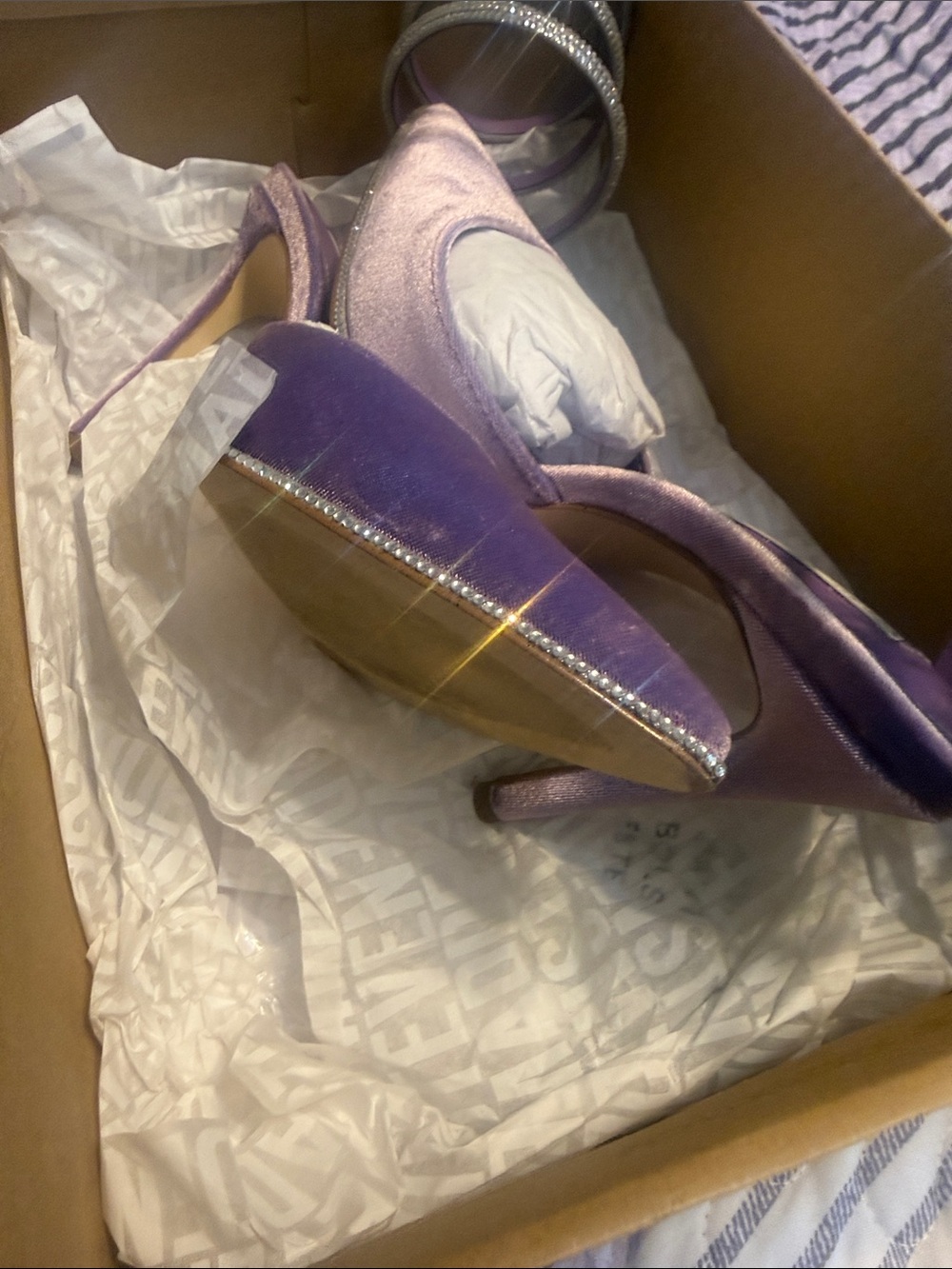 Steve Madden Lavender Velvet Satin Pointed-Toe Spiral Crystal Strap Heels - Picture 6 of 6